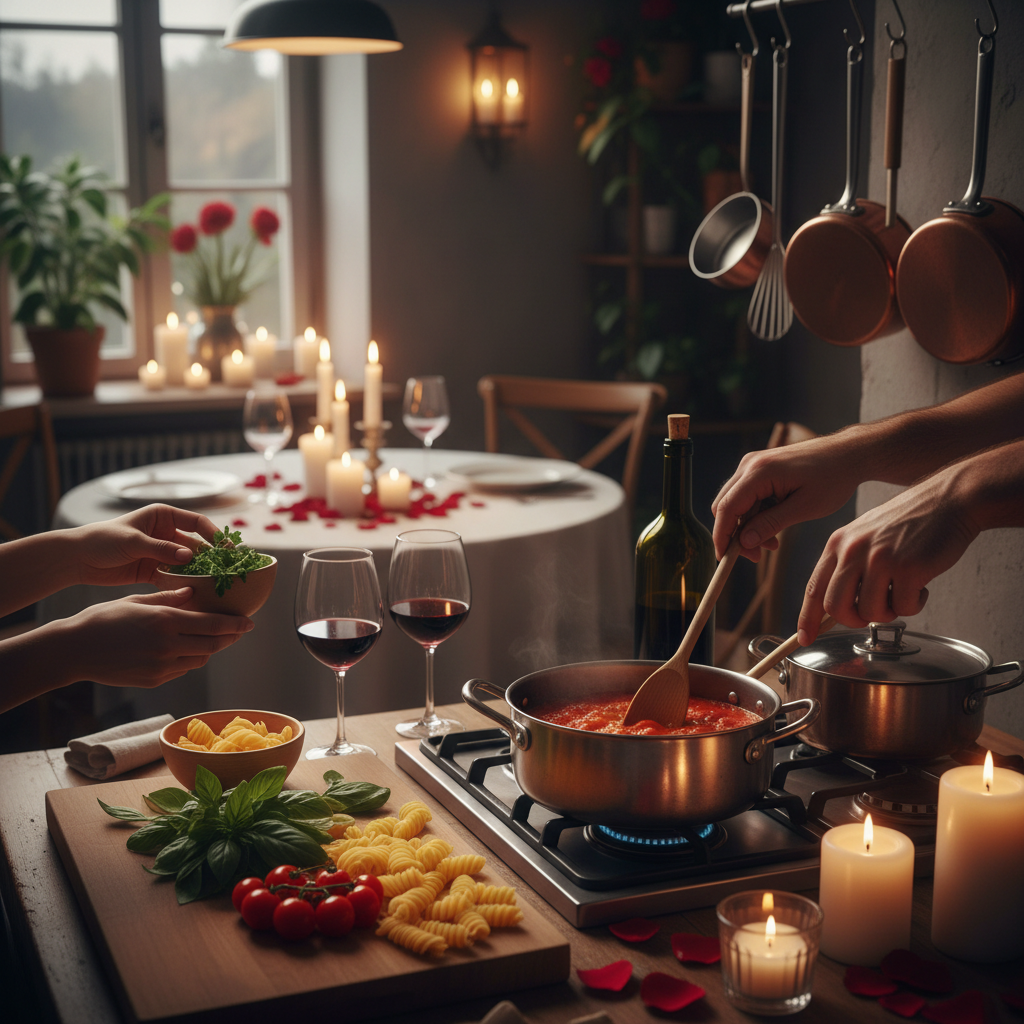 crea un immagine quadrata realistica per un ebook per ricette d'amore, per cucinare in coppia, e per cene romantiche in casa.niente titoli