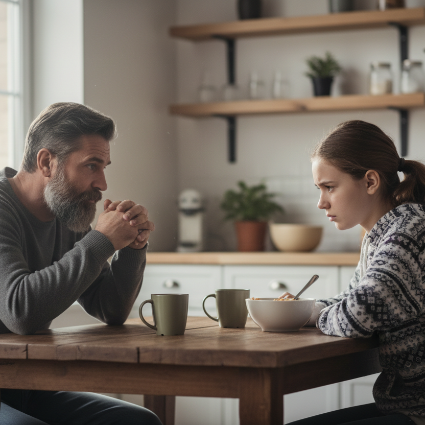 GENERA IMMAGINE DOVE PADRE DISCUTE CON ADOLSECENTE REALISTICA