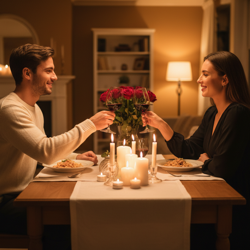 genera immagine realistica di coppia che cena in maniera romantica in casa, senza titoli