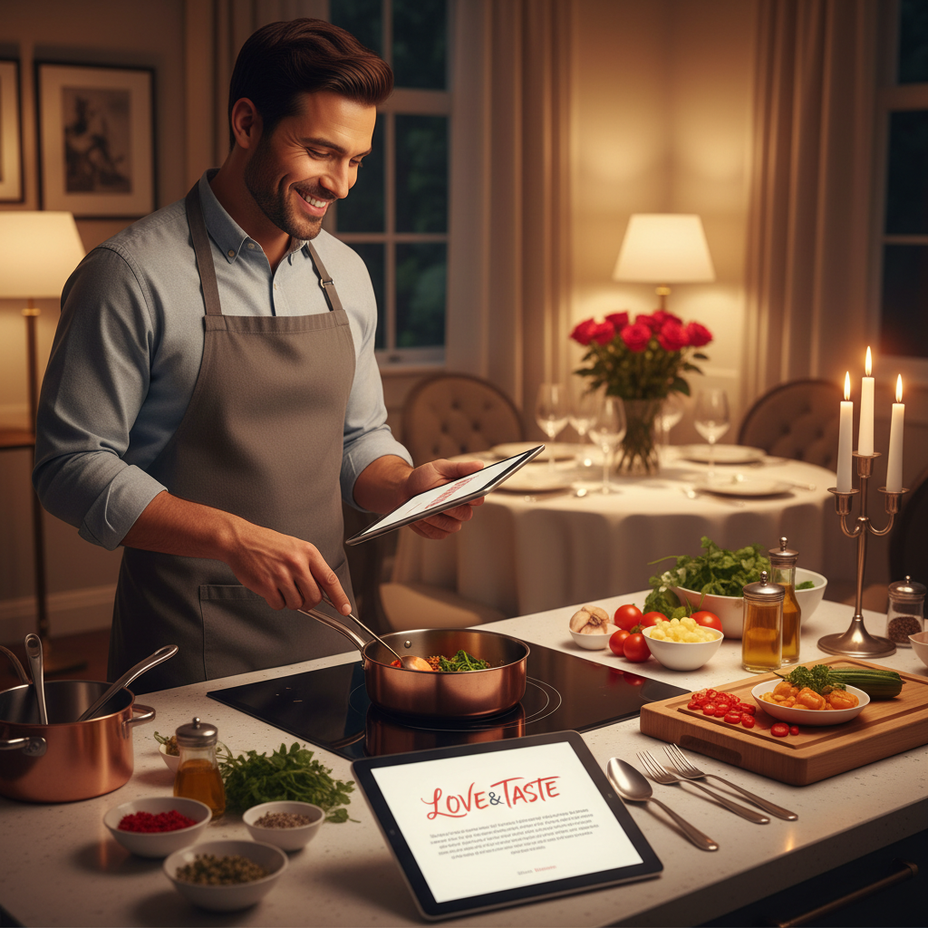 realizza una copertina quadrata con un uomo che cucina per una cena romantica guardando un ebook, sotto alla foto scrivi LOVE&TASTE che è il titolo dell'ebook, deve essere una foto realistica
